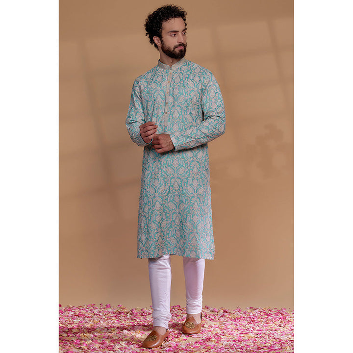 RIYAASAT Sky Blue Banarasi Silk Floral Embroidered Kurta with Churidar (Set of 2)