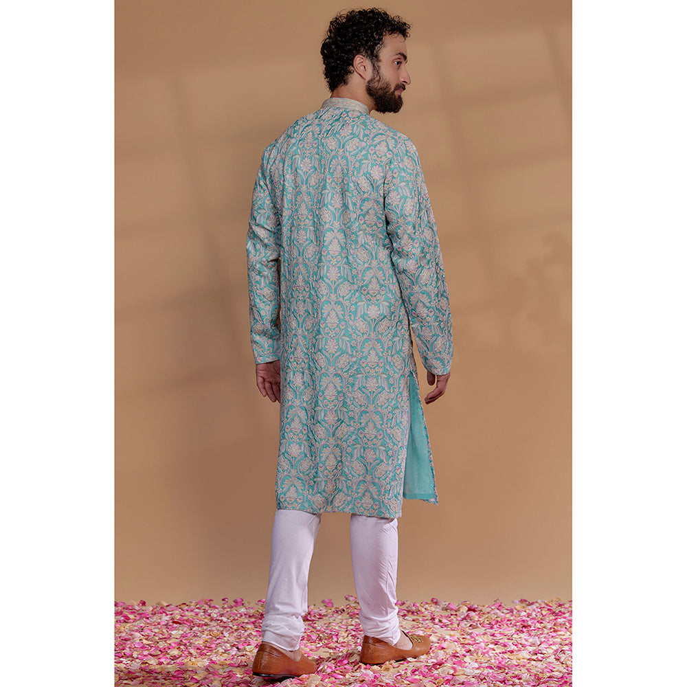 RIYAASAT Sky Blue Banarasi Silk Floral Embroidered Kurta with Churidar (Set of 2)