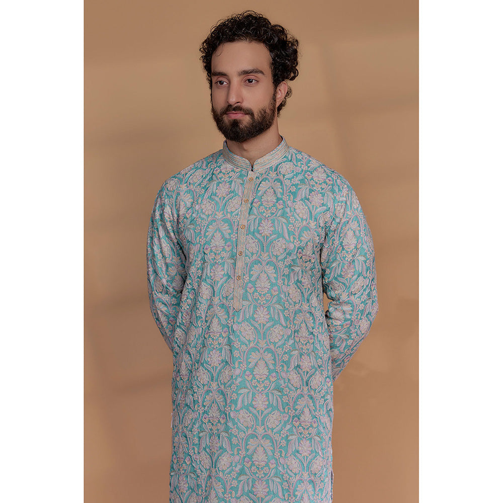 RIYAASAT Sky Blue Banarasi Silk Floral Embroidered Kurta with Churidar (Set of 2)