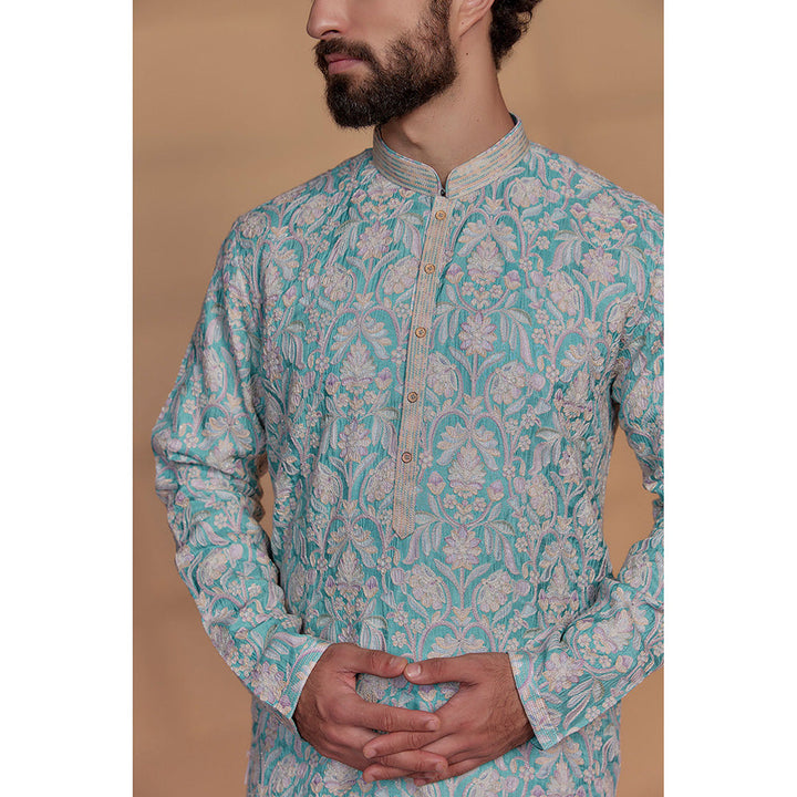 RIYAASAT Sky Blue Banarasi Silk Floral Embroidered Kurta with Churidar (Set of 2)