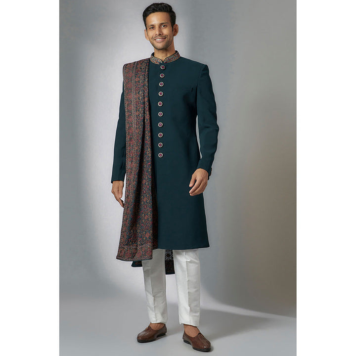 RIYAASAT Teal Blue Suiting Sherwani with Pant and Shawl (Set of 3)