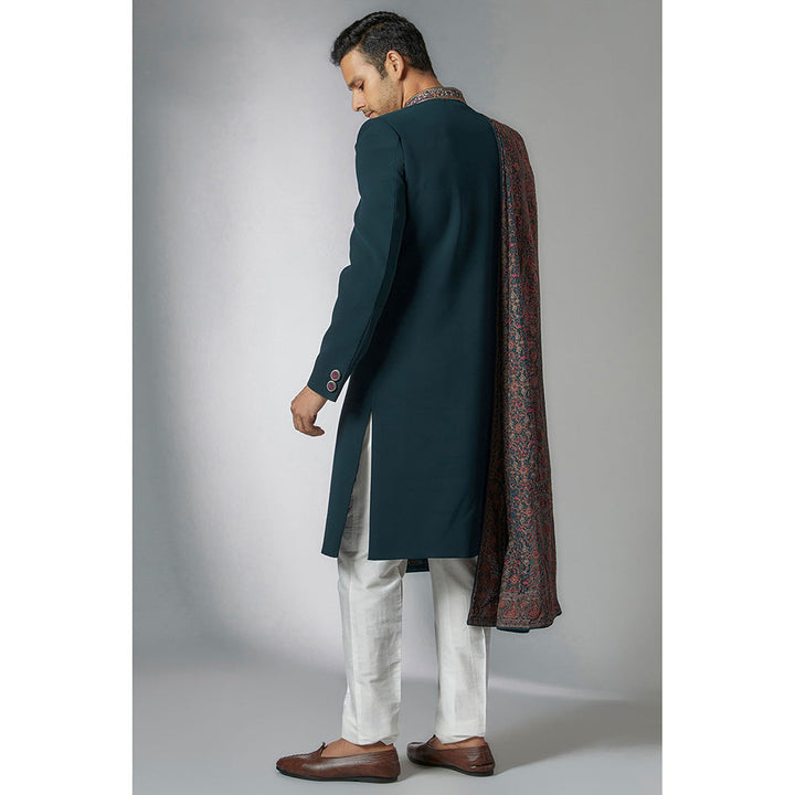 RIYAASAT Teal Blue Suiting Sherwani with Pant and Shawl (Set of 3)