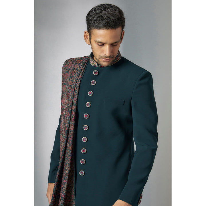 RIYAASAT Teal Blue Suiting Sherwani with Pant and Shawl (Set of 3)