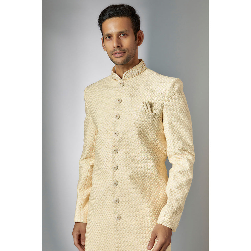 RIYAASAT Cream Lucknowi Embroidered Sherwani with Pant (Set of 2)