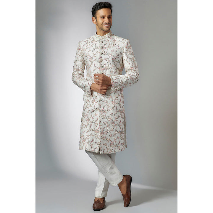 RIYAASAT Off-White Raw Silk Embroidered Sherwani and Pant (Set of 2)