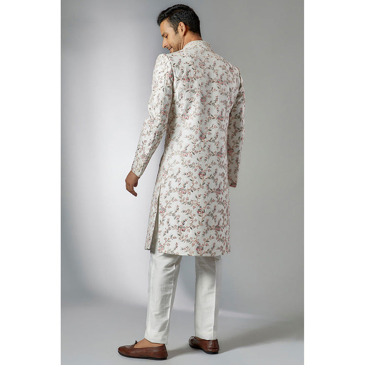 RIYAASAT Off-White Raw Silk Embroidered Sherwani and Pant (Set of 2)