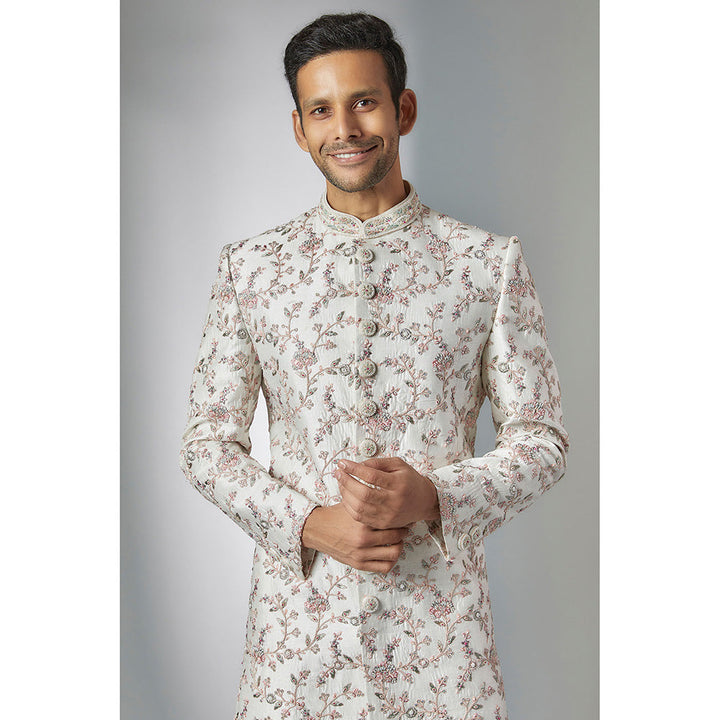 RIYAASAT Off-White Raw Silk Embroidered Sherwani and Pant (Set of 2)