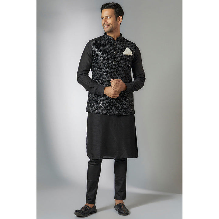 RIYAASAT Black Velvet Embroidered Bundi Jacket with Kurta and Pant (Set of 3)