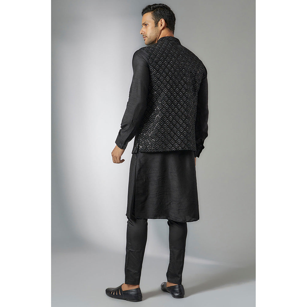 RIYAASAT Black Velvet Embroidered Bundi Jacket with Kurta and Pant (Set of 3)