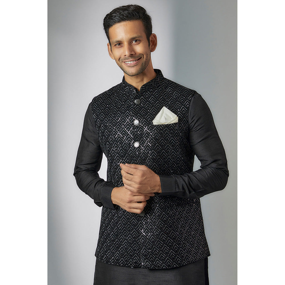 RIYAASAT Black Velvet Embroidered Bundi Jacket with Kurta and Pant (Set of 3)