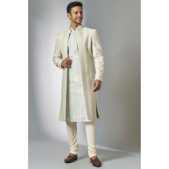 RIYAASAT Off White Lucknowi Embroidered Kurta with Churidar and Jacket (Set of 3)