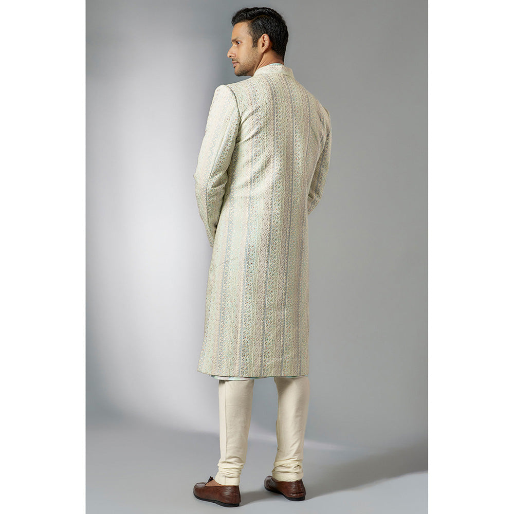 RIYAASAT Off White Lucknowi Embroidered Kurta with Churidar and Jacket (Set of 3)