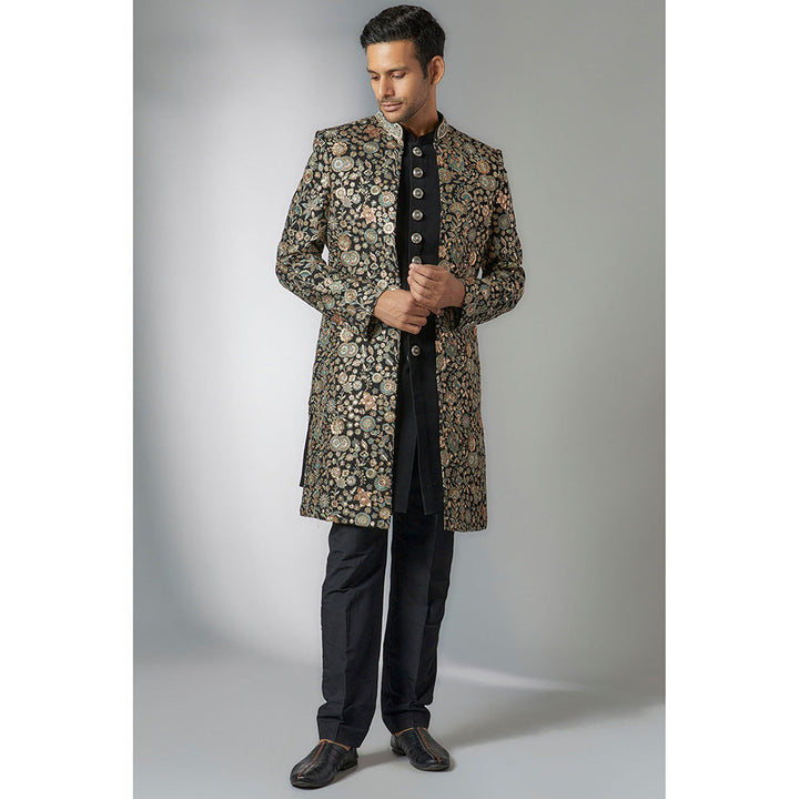 RIYAASAT Black Georgette Embroidered Sherwani Pant and Jacket (Set of 3)