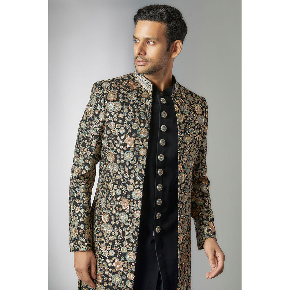 RIYAASAT Black Georgette Embroidered Sherwani Pant and Jacket (Set of 3)