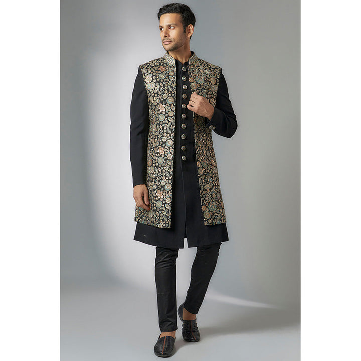 RIYAASAT Black Georgette Embroidered Sherwani Pant and Jacket (Set of 3)