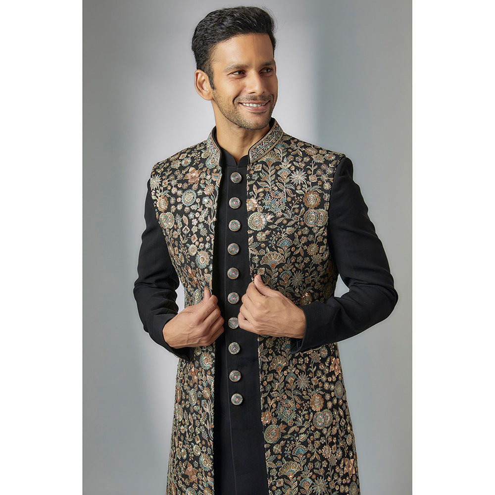 RIYAASAT Black Georgette Embroidered Sherwani Pant and Jacket (Set of 3)