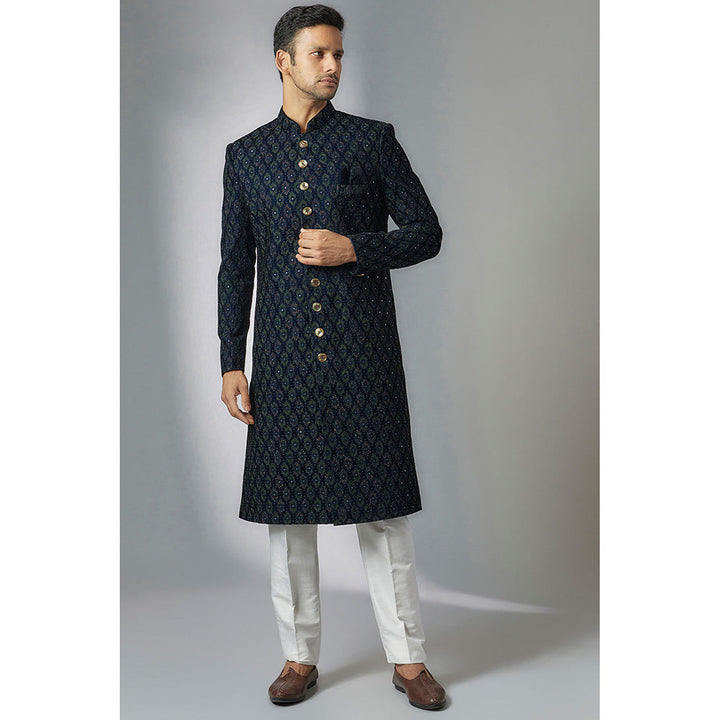 RIYAASAT Blue Velvet Embroidered Sherwani with Pant (Set of 2)