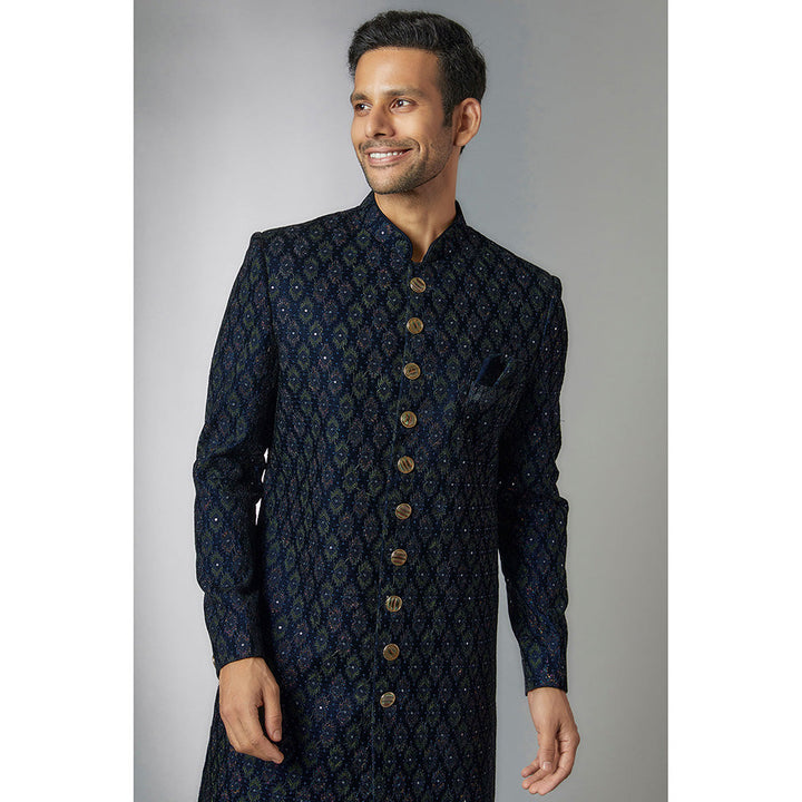 RIYAASAT Blue Velvet Embroidered Sherwani with Pant (Set of 2)