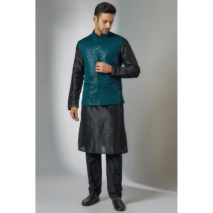 RIYAASAT Teal Blue Velvet Embroidered Bundi Jacket with Kurta and Pant (Set of 3)