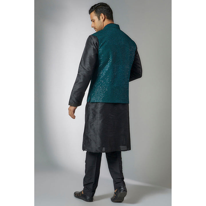 RIYAASAT Teal Blue Velvet Embroidered Bundi Jacket with Kurta and Pant (Set of 3)