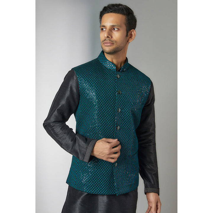 RIYAASAT Teal Blue Velvet Embroidered Bundi Jacket with Kurta and Pant (Set of 3)