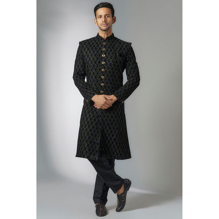 RIYAASAT Black Velvet Embroidered Sherwani with Pant (Set of 2)