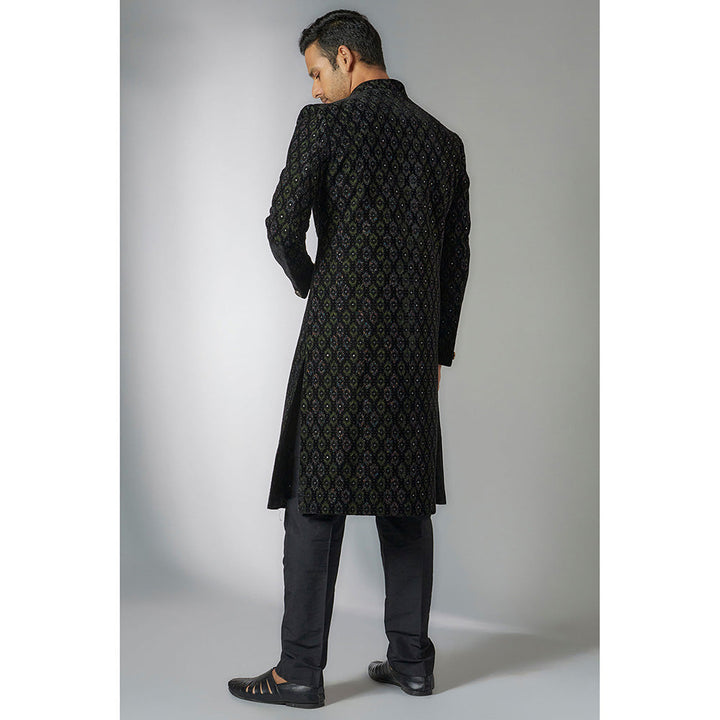 RIYAASAT Black Velvet Embroidered Sherwani with Pant (Set of 2)