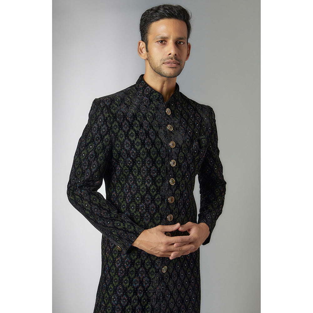 RIYAASAT Black Velvet Embroidered Sherwani with Pant (Set of 2)