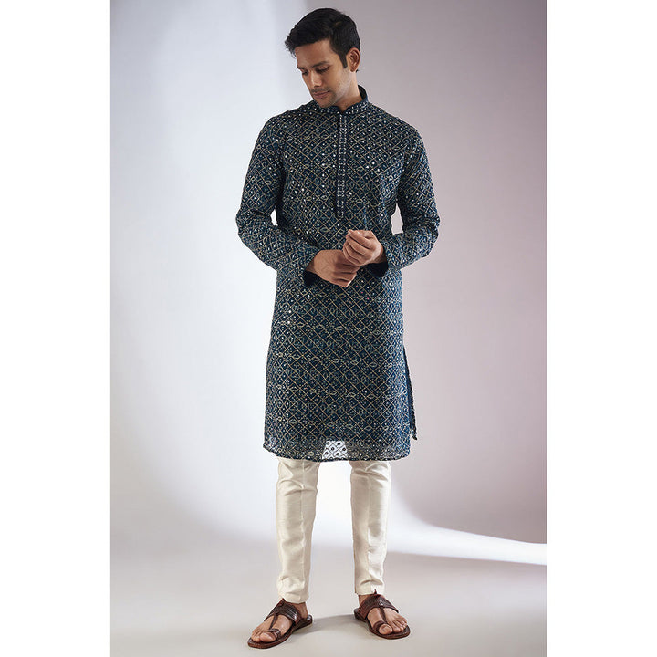 RIYAASAT Blue Silk Embroidered Kurta with Pant (Set of 2)