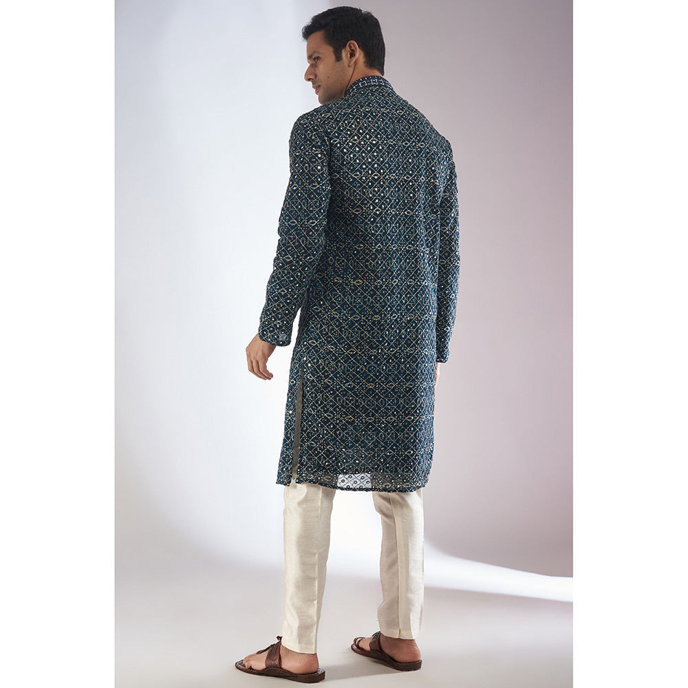 RIYAASAT Blue Silk Embroidered Kurta with Pant (Set of 2)