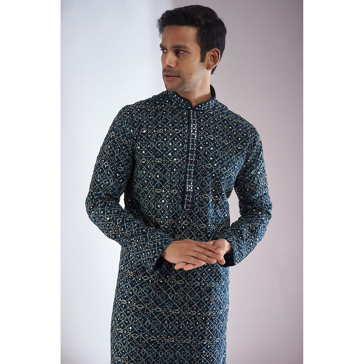 RIYAASAT Blue Silk Embroidered Kurta with Pant (Set of 2)