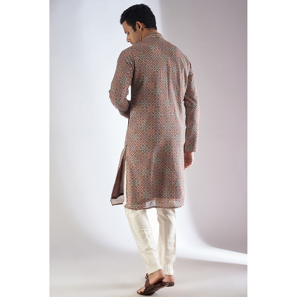 RIYAASAT Brown Lucknowi Embroidered Kurta with Pant (Set of 2)