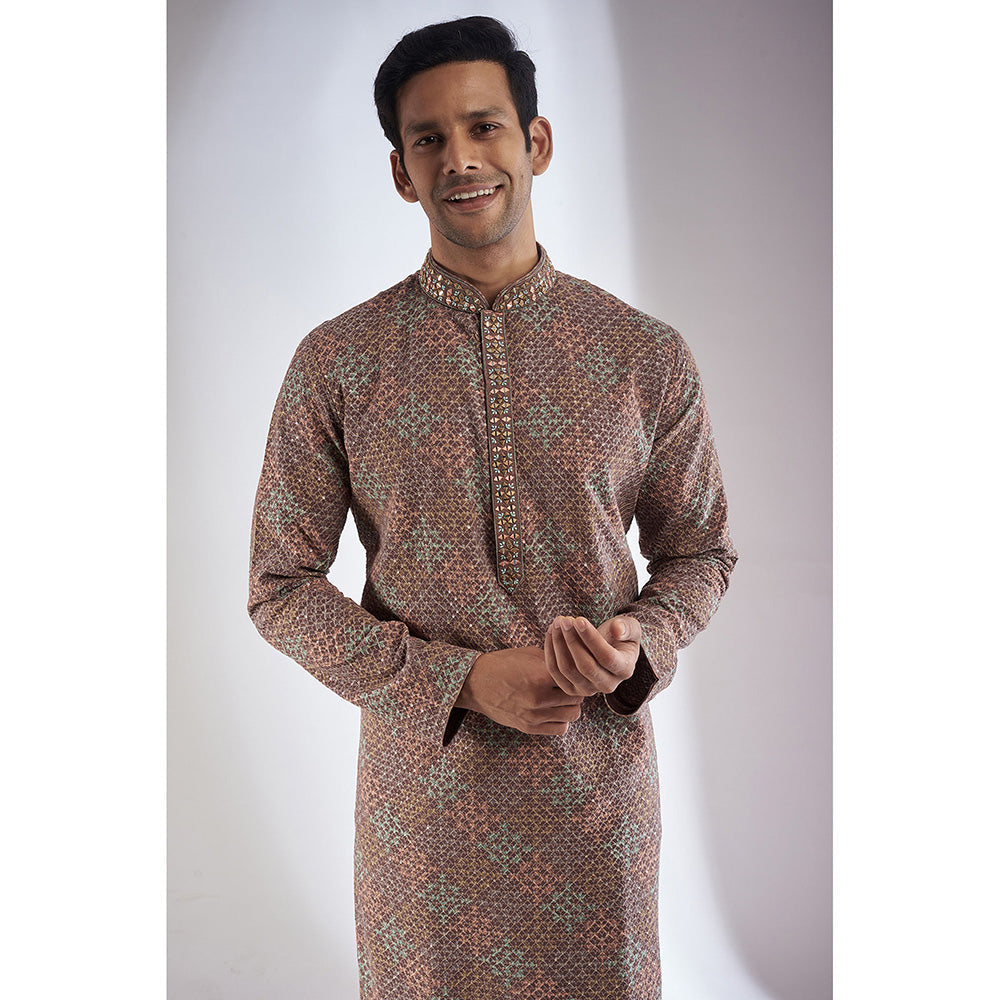 RIYAASAT Brown Lucknowi Embroidered Kurta with Pant (Set of 2)