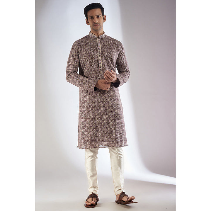 RIYAASAT Brown Georgette Embroidered Kurta with Pant (Set of 2)