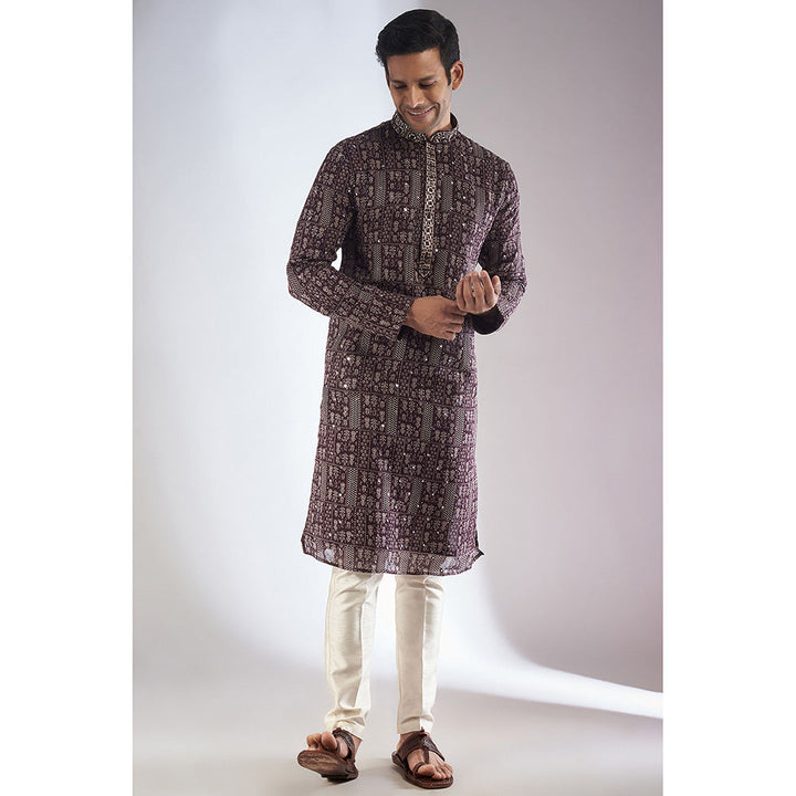 RIYAASAT Coffee Brown Silk Printed & Embroidered Kurta with Pant (Set of 2)