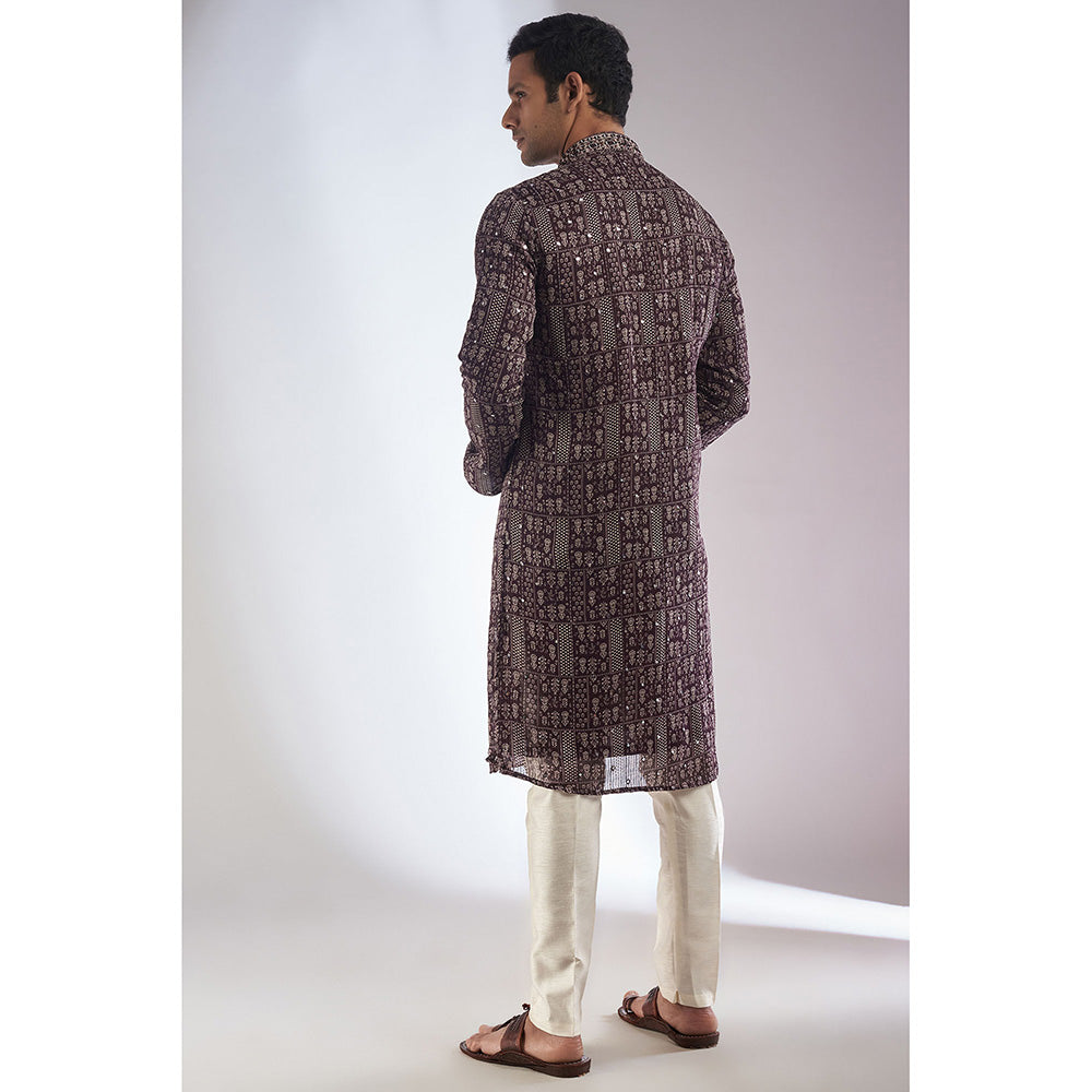 RIYAASAT Coffee Brown Silk Printed & Embroidered Kurta with Pant (Set of 2)