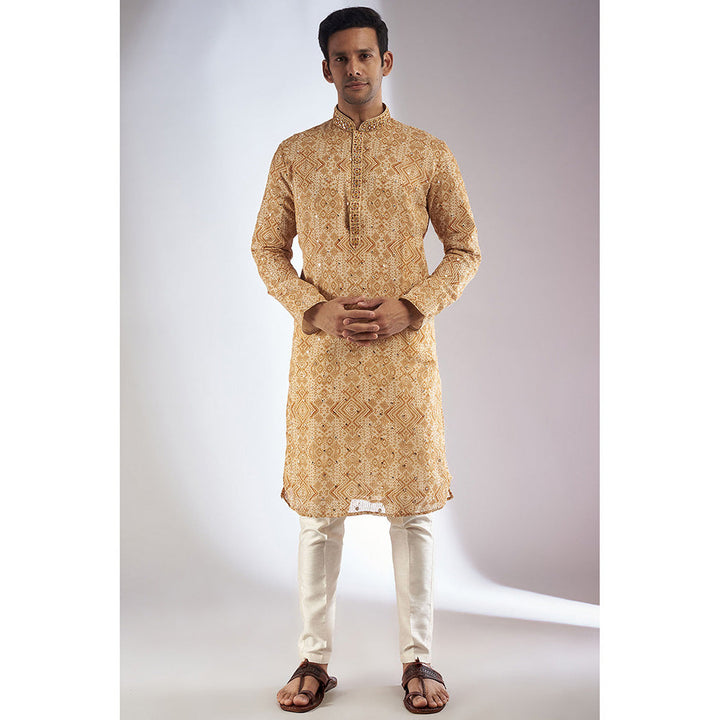 RIYAASAT Mustard Silk Printed & Embroidered Kurta with Pant (Set of 2)