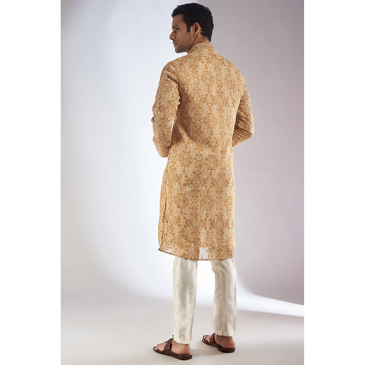 RIYAASAT Mustard Silk Printed & Embroidered Kurta with Pant (Set of 2)