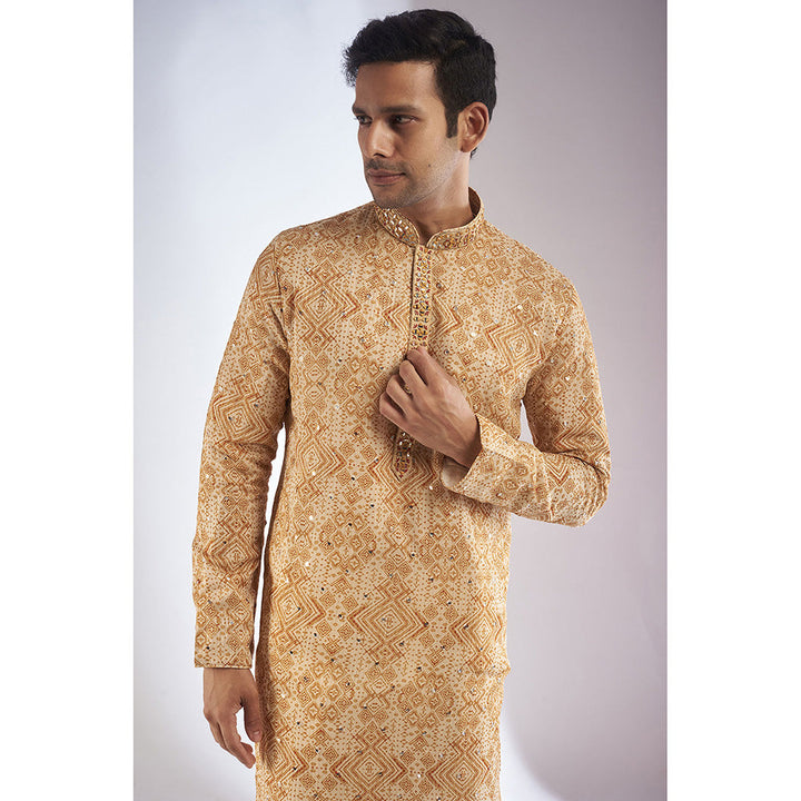 RIYAASAT Mustard Silk Printed & Embroidered Kurta with Pant (Set of 2)