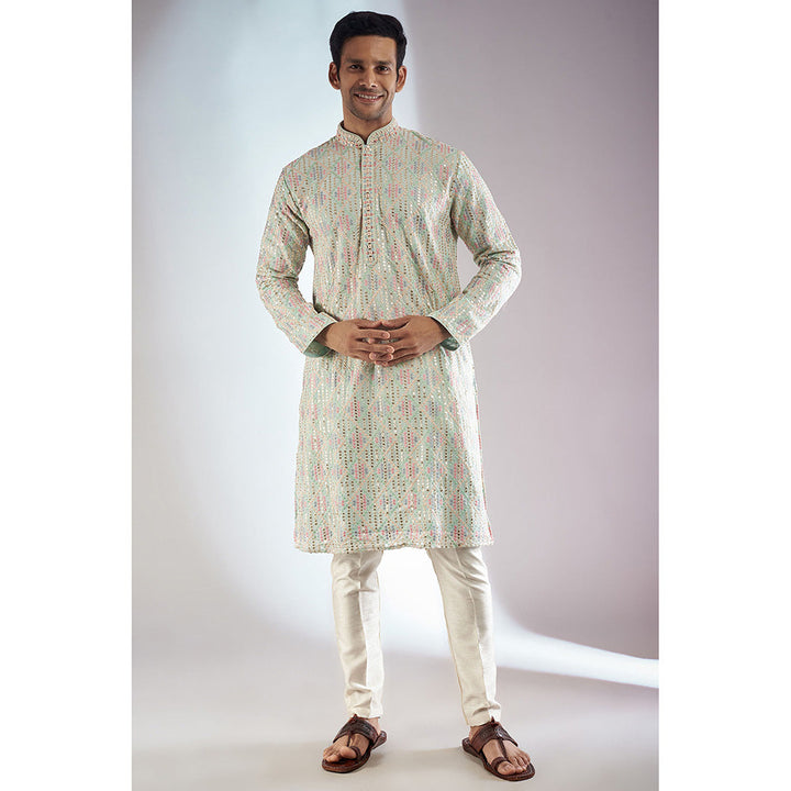 RIYAASAT Pista Silk Embroidered Kurta with Pant (Set of 2)