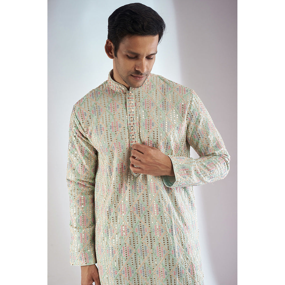 RIYAASAT Pista Silk Embroidered Kurta with Pant (Set of 2)