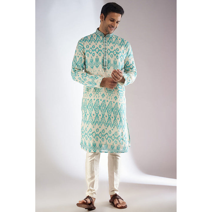 RIYAASAT Blue Silk Printed & Embroidered Kurta with Pant (Set of 2)