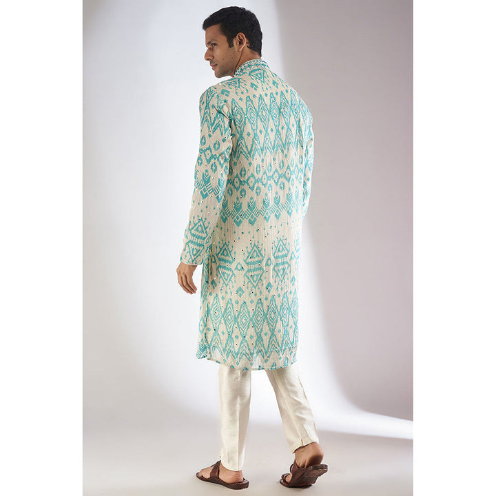 RIYAASAT Blue Silk Printed & Embroidered Kurta with Pant (Set of 2)