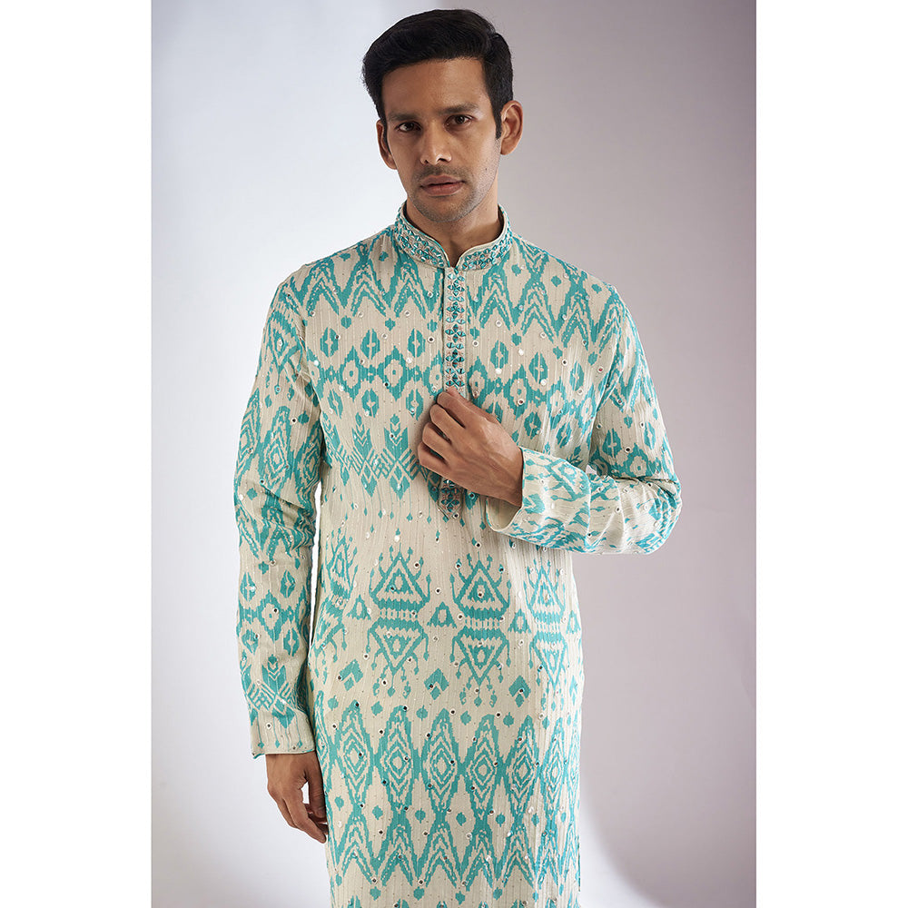 RIYAASAT Blue Silk Printed & Embroidered Kurta with Pant (Set of 2)