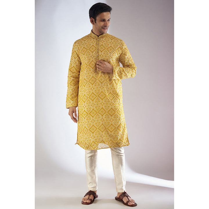 RIYAASAT Yellow Silk Printed & Embroidered Kurta with Pant (Set of 2)