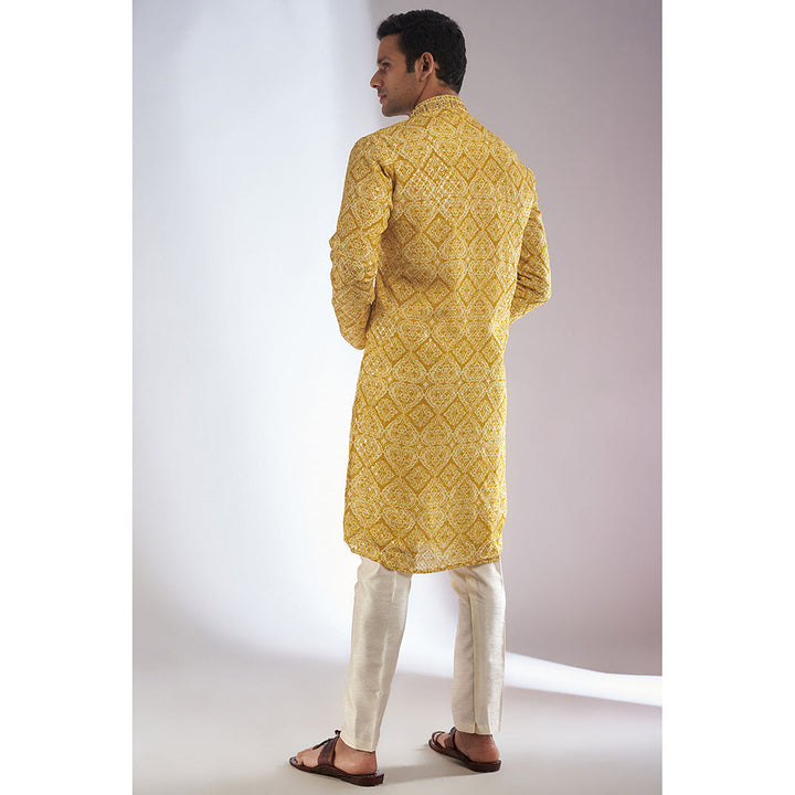 RIYAASAT Yellow Silk Printed & Embroidered Kurta with Pant (Set of 2)