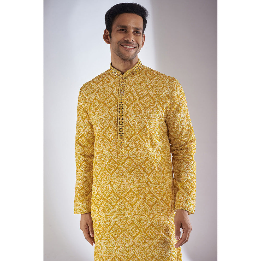 RIYAASAT Yellow Silk Printed & Embroidered Kurta with Pant (Set of 2)