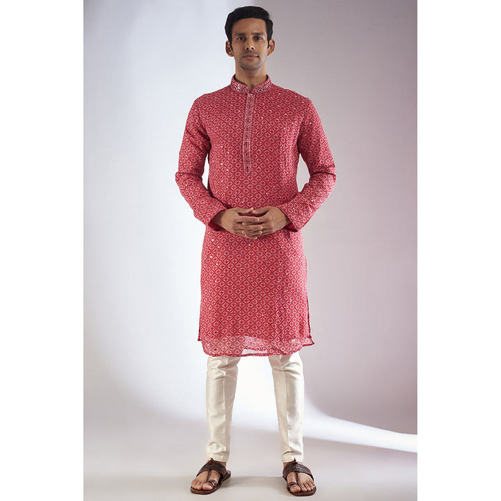 RIYAASAT Pink Silk Embroidered Kurta with Pant (Set of 2)