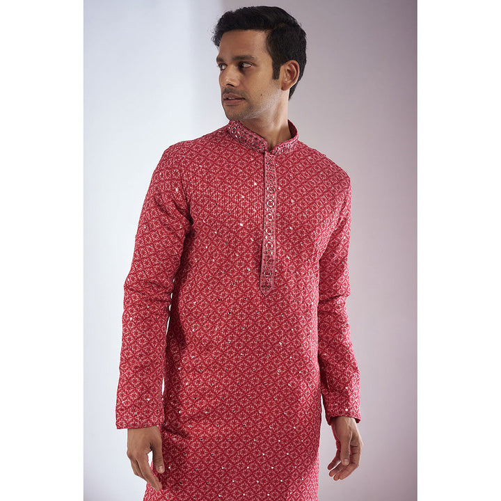 RIYAASAT Pink Silk Embroidered Kurta with Pant (Set of 2)