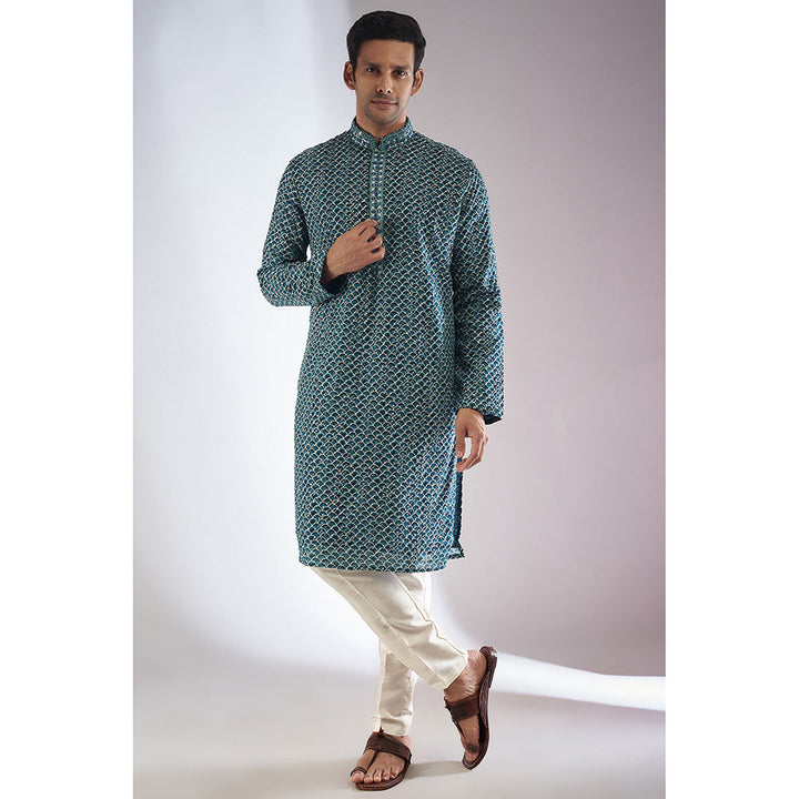 RIYAASAT Blue Silk Printed & Embroidered Kurta with Pant (Set of 2)